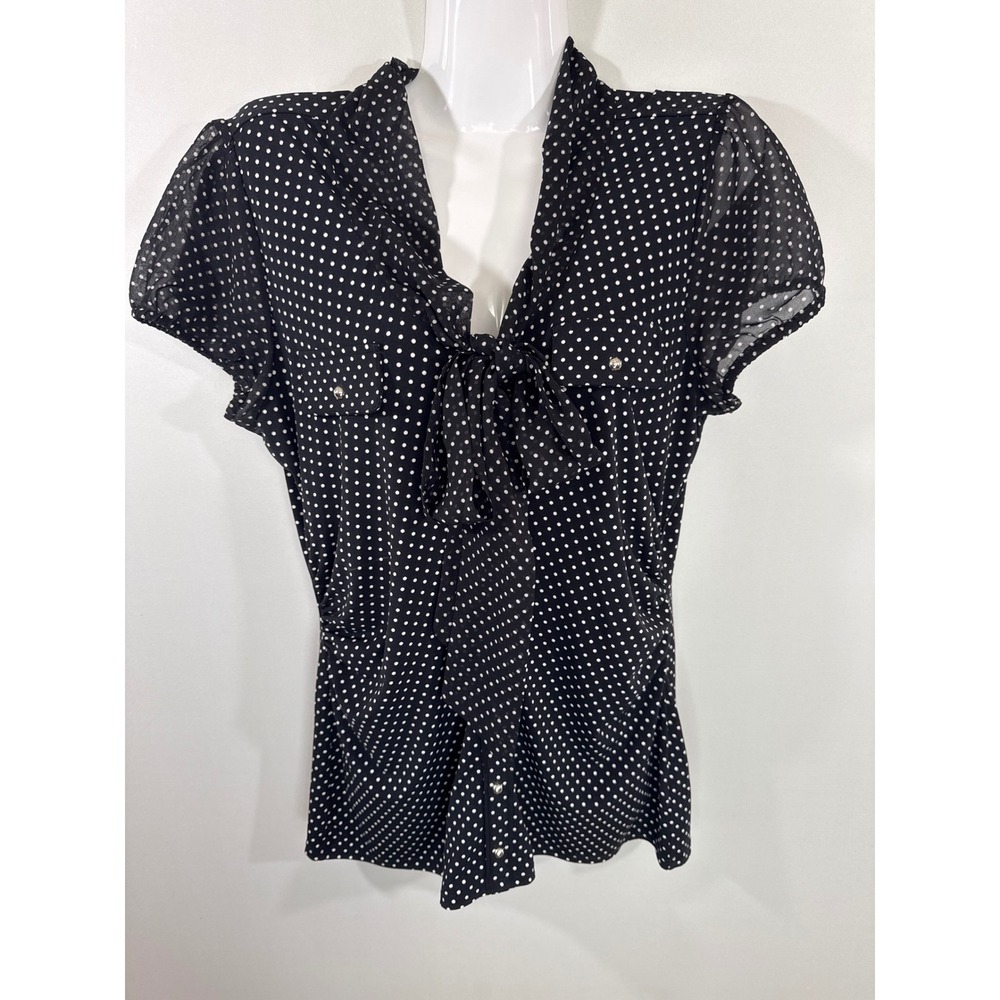 White House Black Market Black Polka Dot Tie Neck Button Down Top MED Retro